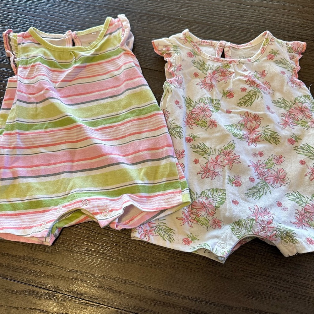 Kyle & Deena 0-3mth Pink and Green Floral and Striped Rompers